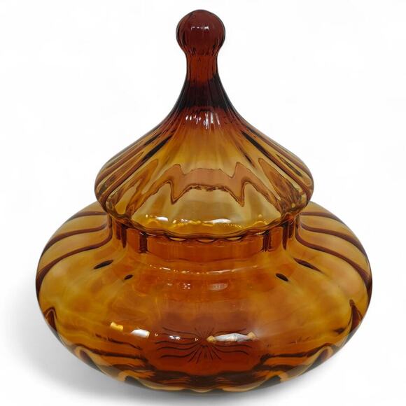 Vintage Empoli Italy Circus Tent Amber Glass Lidded Candy Dish Jar 1960s MCM - Picture 1 of 11